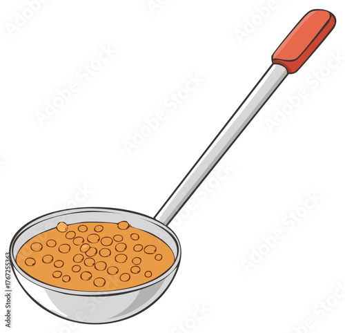Handheld ladle filled with thick textured soup, kitchen utensil illustration