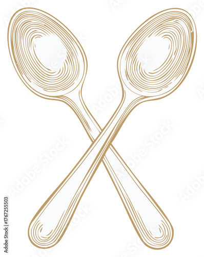 Two crossed spoons in a vintage engraved woodcut style. Hand drawn kitchen utensil vector illustration.