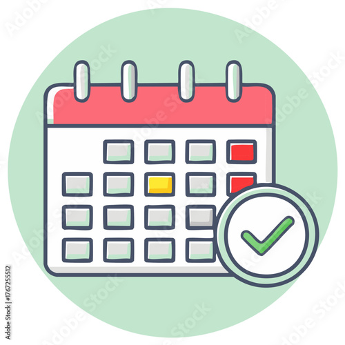 Completed Schedule with Checkmark and Dates Highlighted in Red and Yellow