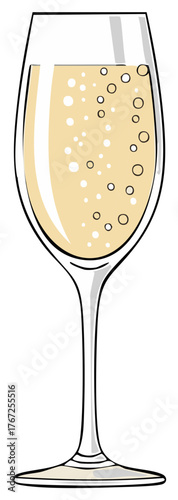 Elegant glass of sparkling champagne with rising bubbles cartoon vector illustration