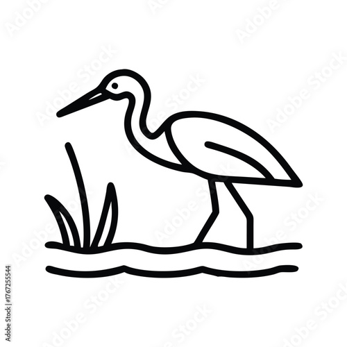 A simple line drawing of a heron standing in water with reeds. Line icon style editable stroke