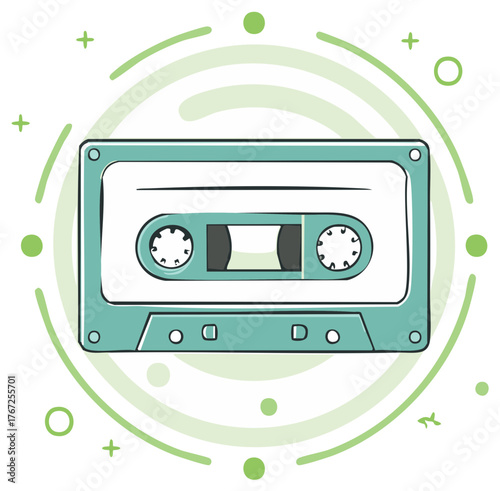 Stylized teal audio cassette tape with green circular elements and retro design