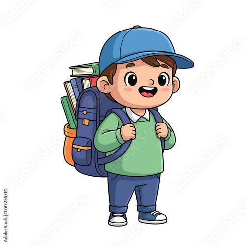 Cute cartoon schoolboy with backpack full of books is ready for learning fun
