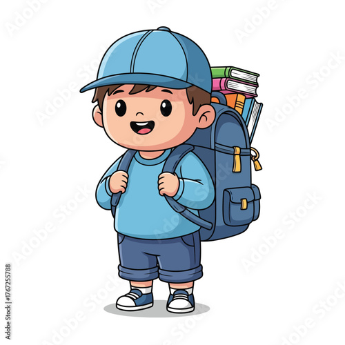 Adorable young student is ready to learn with books packed in his backpack