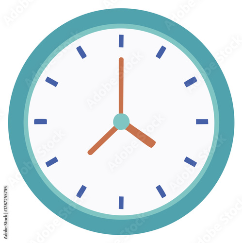 Turquoise and orange clock face with minimalist design and blue hour markers