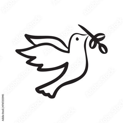A stylized dove with an olive branch in its beak rendered in black outline. Line icon style editable stroke