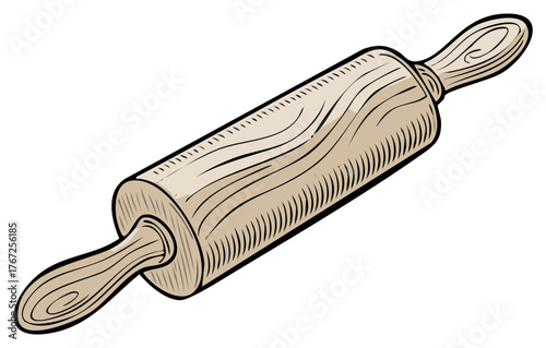 Traditional wooden rolling pin kitchen utensil for baking dough and pastry preparation illustration