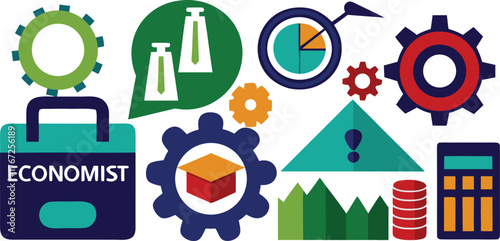 Dynamic business icons representing economic growth, data analysis, and professional success in a modern conceptual design