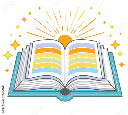 Colorful Open Book with Sun Rays and Stars Illustration Vector Graphic