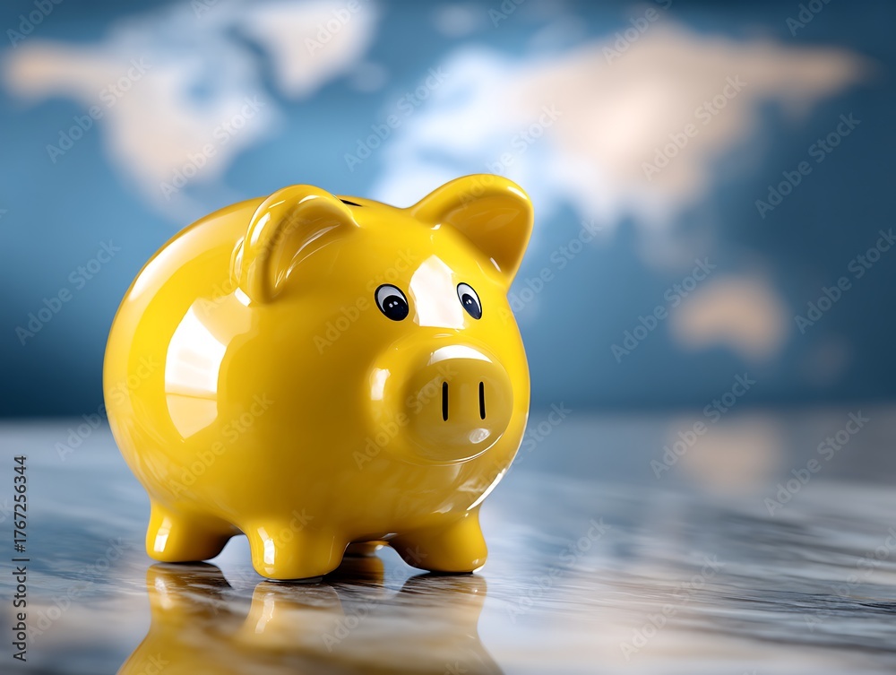 Fototapeta premium Bright Yellow Piggy Bank on Glossy Surface with World Map in Background