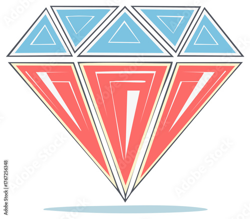 Stylized faceted diamond shape with geometric facets in blue and coral hues and a subtle shadow