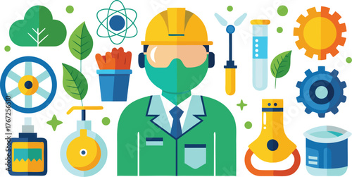 Dedicated scientist in protective gear with scientific equipment and nature elements symbolizing innovation and discovery