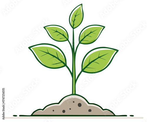 Cartoon illustration of a vibrant green seedling plant growing from a mound of fertile soil