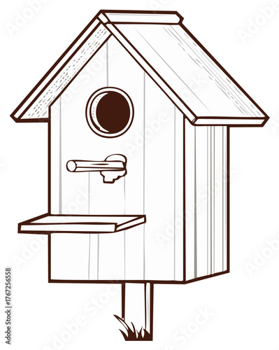 Illustration of a classic wooden birdhouse with perch and roof for wildlife