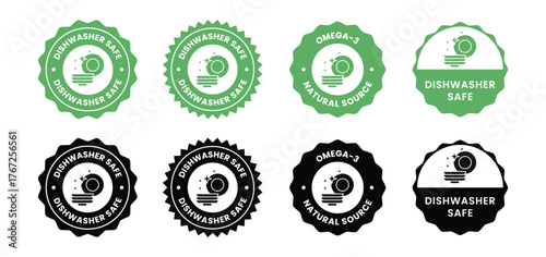 Dishwasher safe design badge, dishwasher green stamp. Symbol, outline icon, tag, badge, label, circle, green white vector round isolated on transparent background.