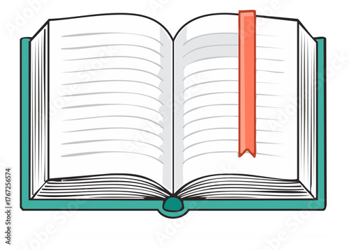 Cartoon illustration of an open hardcover book with a red bookmark and blank pages