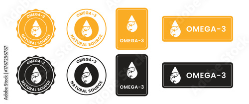 Natural Source of Omega-3. Vector stamps for packaging with drop and fish. Sign logo, badge, icon, sticker, label, emblem, stamp, symbol, black, line, flat vector, isolated illustration.	