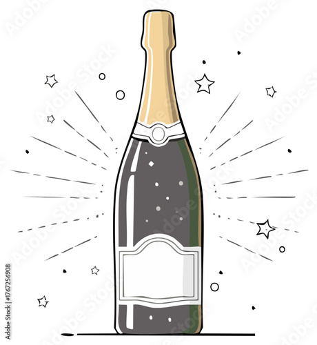 Celebration champagne bottle illustration with sparkles and stars blank label for a party or special occasion