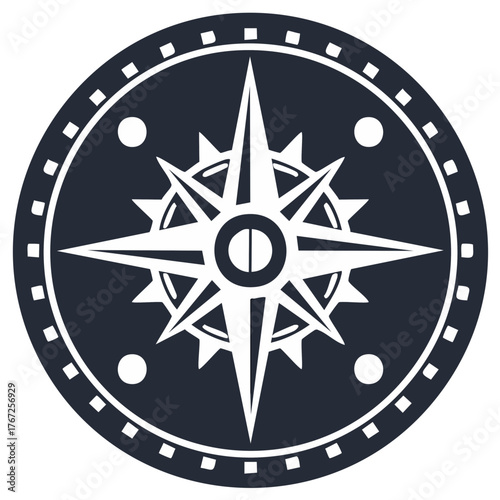 Nautical compass rose emblem, white navigational element, dark background design.