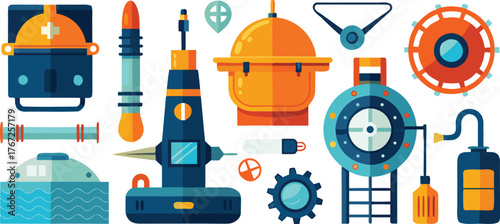 Vibrant collection of modern industrial machinery and engineering components in a clean, flat design style