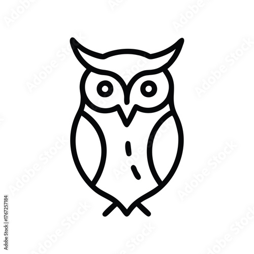 Black and white owl illustration with horned head and circular eyes. Line icon style editable stroke