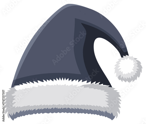 Dark grey Santa Claus hat with white fur trim and fluffy pompom for festive holiday celebrations