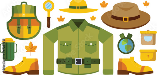 Embark on adventure with this vibrant collection of explorer gear, featuring a sturdy backpack, practical boots, and essential tools for outdoor discovery.