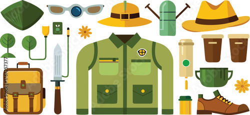 Adventure awaits with this collection of essential outdoor gear, including hats, jackets, backpacks, and boots for your next expedition.