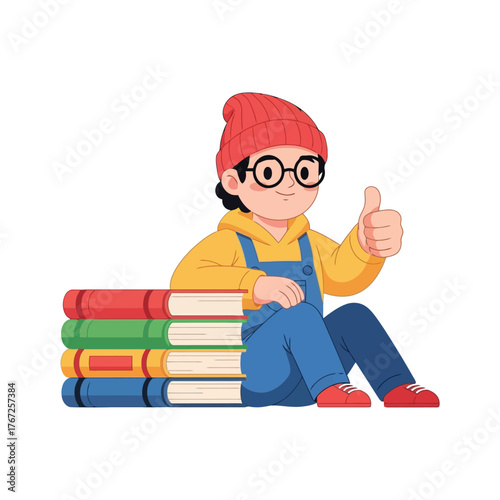 Cute student giving thumbs up sitting with stacked books ready for back to school