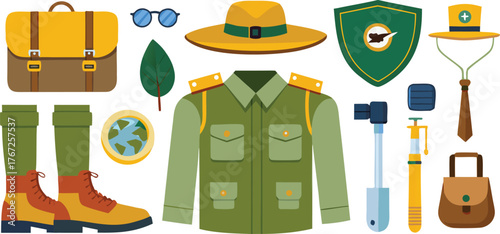 Adventure awaits with this collection of explorer gear including a satchel, boots, uniform, hat, binoculars, and map for your next expedition.