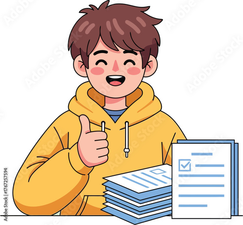 Cheerful student gives thumbs up after completing test with high score results