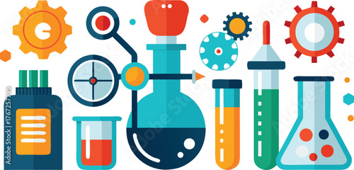 Vibrant laboratory equipment and gears create a dynamic visual for scientific innovation and research projects.