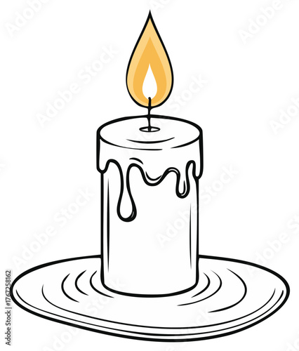 Burning Candle Illustration with Wax Drips on a Holder Simple Black and White