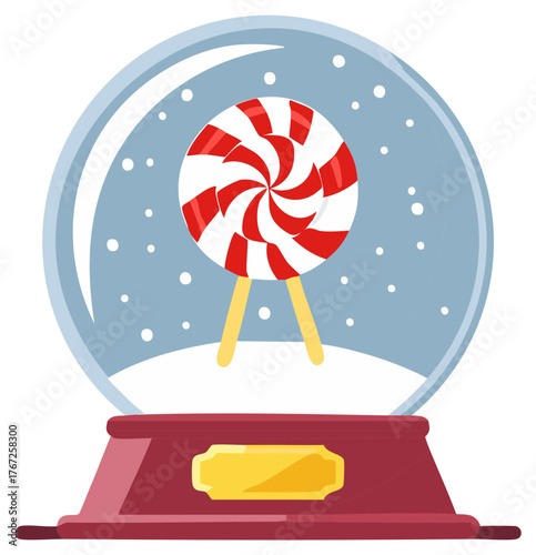 Snow Globe Vector with Striped Lollipop Candy and Snowflakes Holiday Decoration