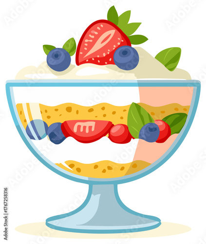 Layers of Berry Trifle Dessert in a Glass Dish Topped with Cream and Fresh Fruit