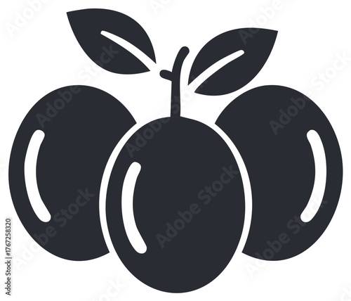 Simple illustration of a cluster of three plums with leaves, dark shapes.