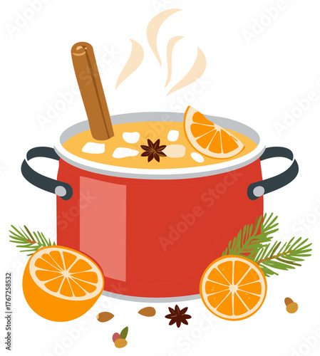 Christmas Mulled Wine in a Red Pot with Cinnamon and Orange Slice