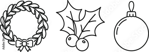 Christmas wreath with holly and baubles illustration in line art style