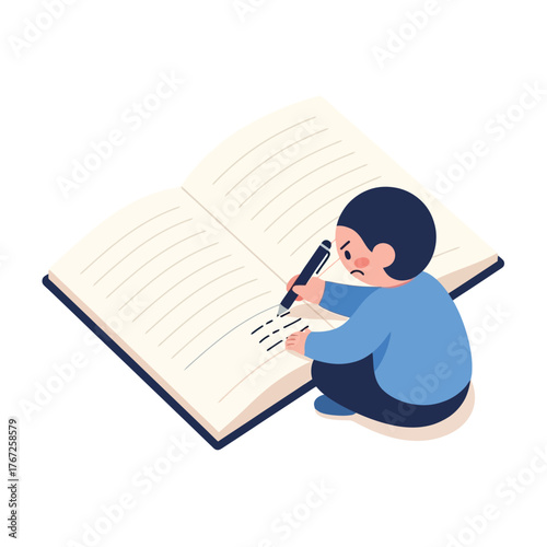 Little boy intently writing in a big book, learning, studying hard, focused student
