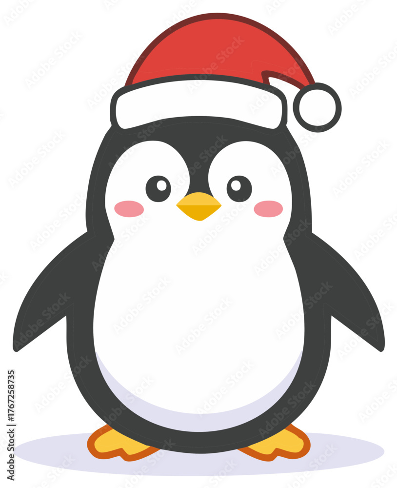 Obraz premium Cartoon penguin wearing a Santa Claus hat with rosy cheeks for Christmas celebrations