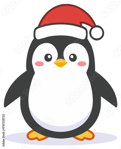 Cartoon penguin wearing a Santa Claus hat with rosy cheeks for Christmas celebrations