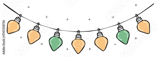 Festive string lights cartoon illustration for seasonal design featuring colorful holiday bulb decorations and twinkling star accents