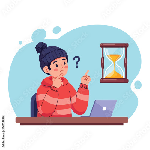 Young student pondering deadline with hourglass and laptop creating stress