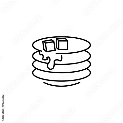 Vector isolated icon of pancakes with butter on a plate. Doodle style. Black and white illustration. Suitable for mobile apps, websites, and advertising.