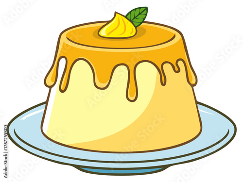 Sweet Dessert with Caramel Drizzle and Leaf on Plate