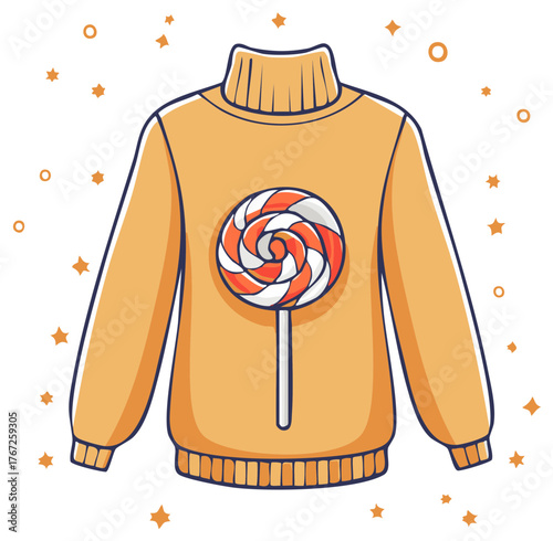 Orange sweater with a large lollipop graphic and scattered stars