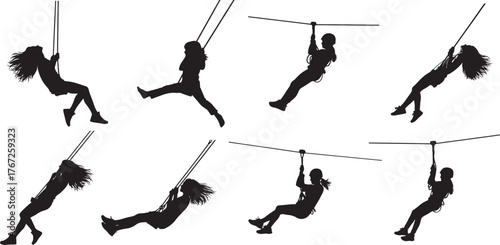 set of zip line silhouette | Collection of zip line adventure silhouettes for outdoor recreation | 