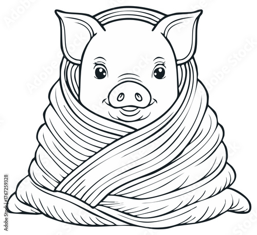 Adorable little piglet wrapped in cozy blanket illustration for coloring