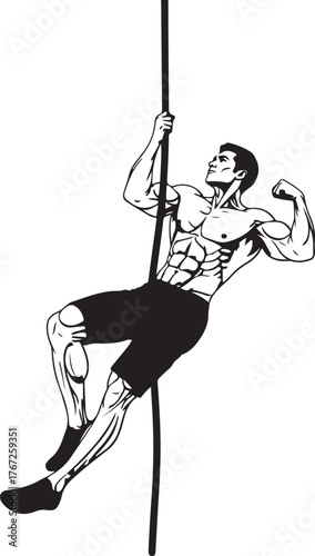 Muscular Man Rope Climbing Workout | Adventure zip line silhouette with mountains and sky