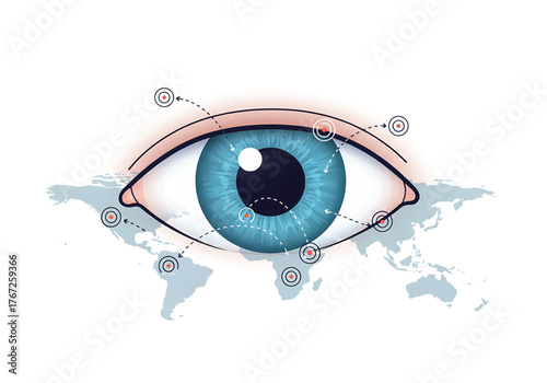 Illustration of a blue eye with a world map in the background and targeting symbols around it.